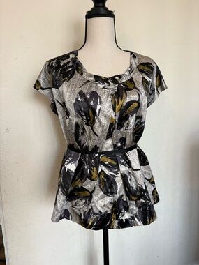 Rebecca Taylor Gray, Black & Gold Floral Short Sleeve Blouse